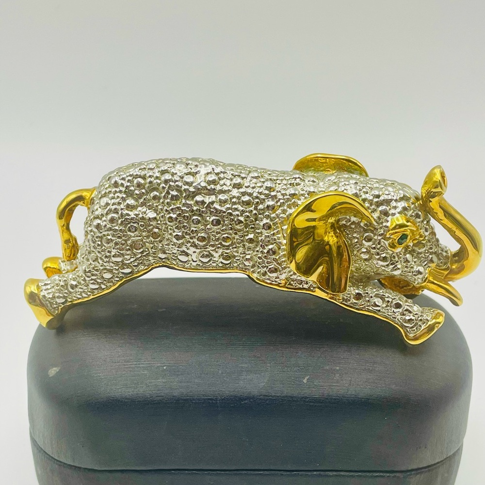 Vintage two toned Elephant Shoulder Brooch Pin with a Textured Body & Green eyes
